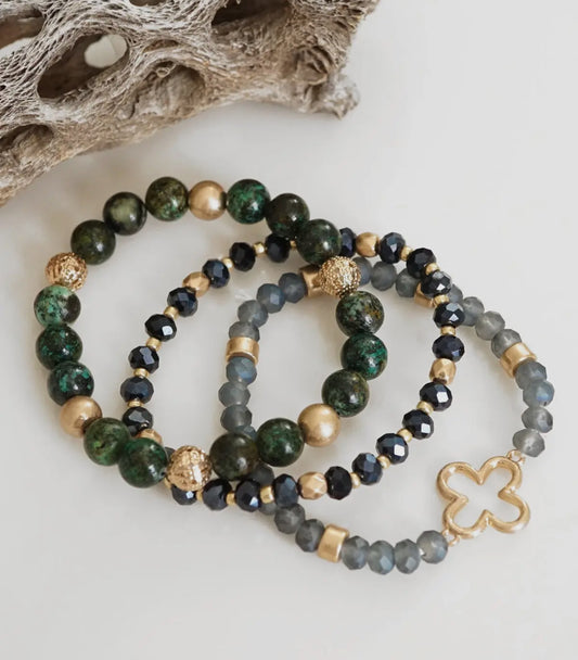 Green & Gold Beaded Bracelet Set