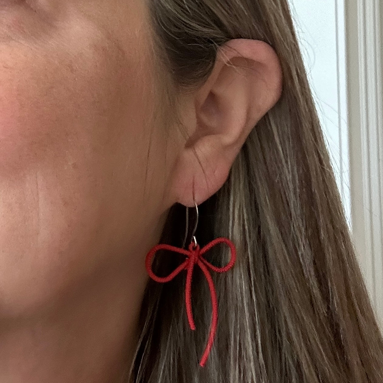 Red Bow Earrings/Silver Hooks