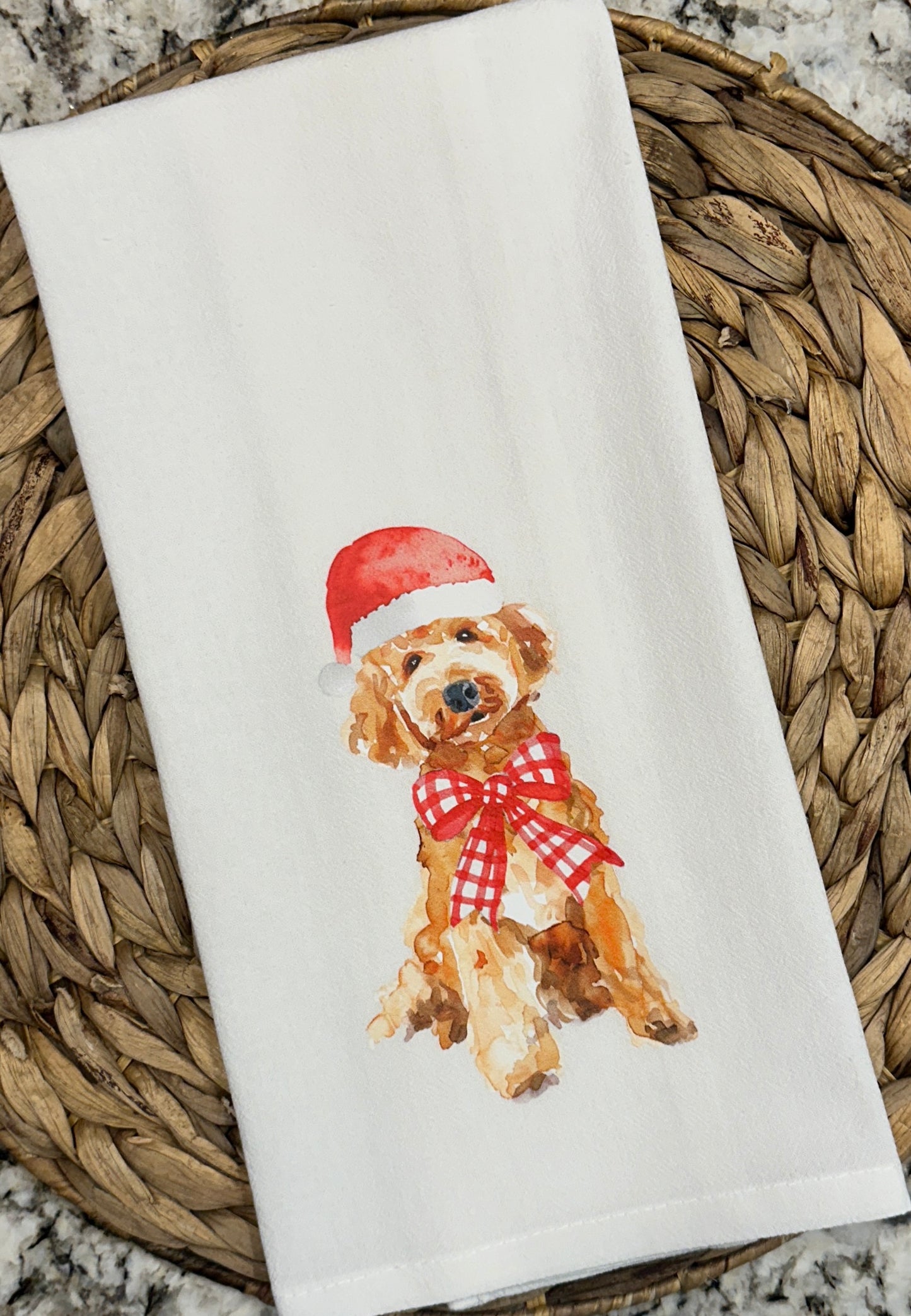 Goldendoodle Santa tea towel