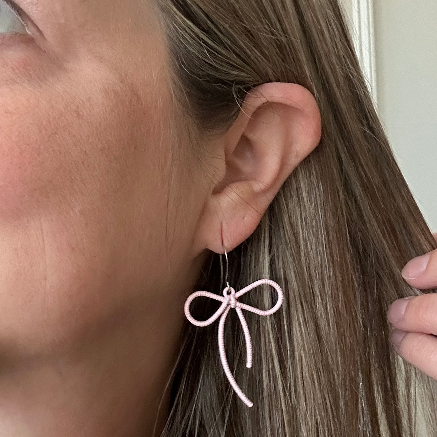 Soft Pink Bow Earrings/Silver Hooks