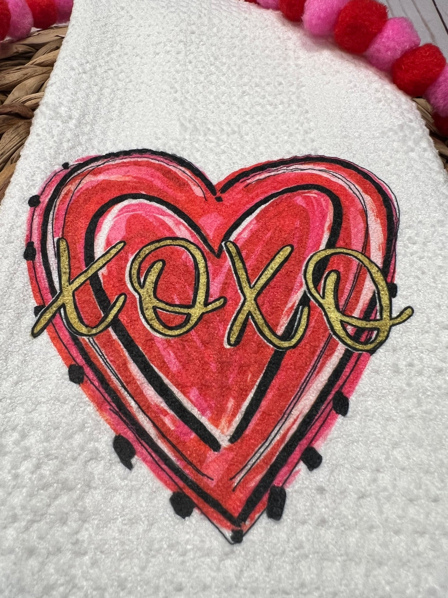 Whimsical xoxo heart valentines kitchen towel