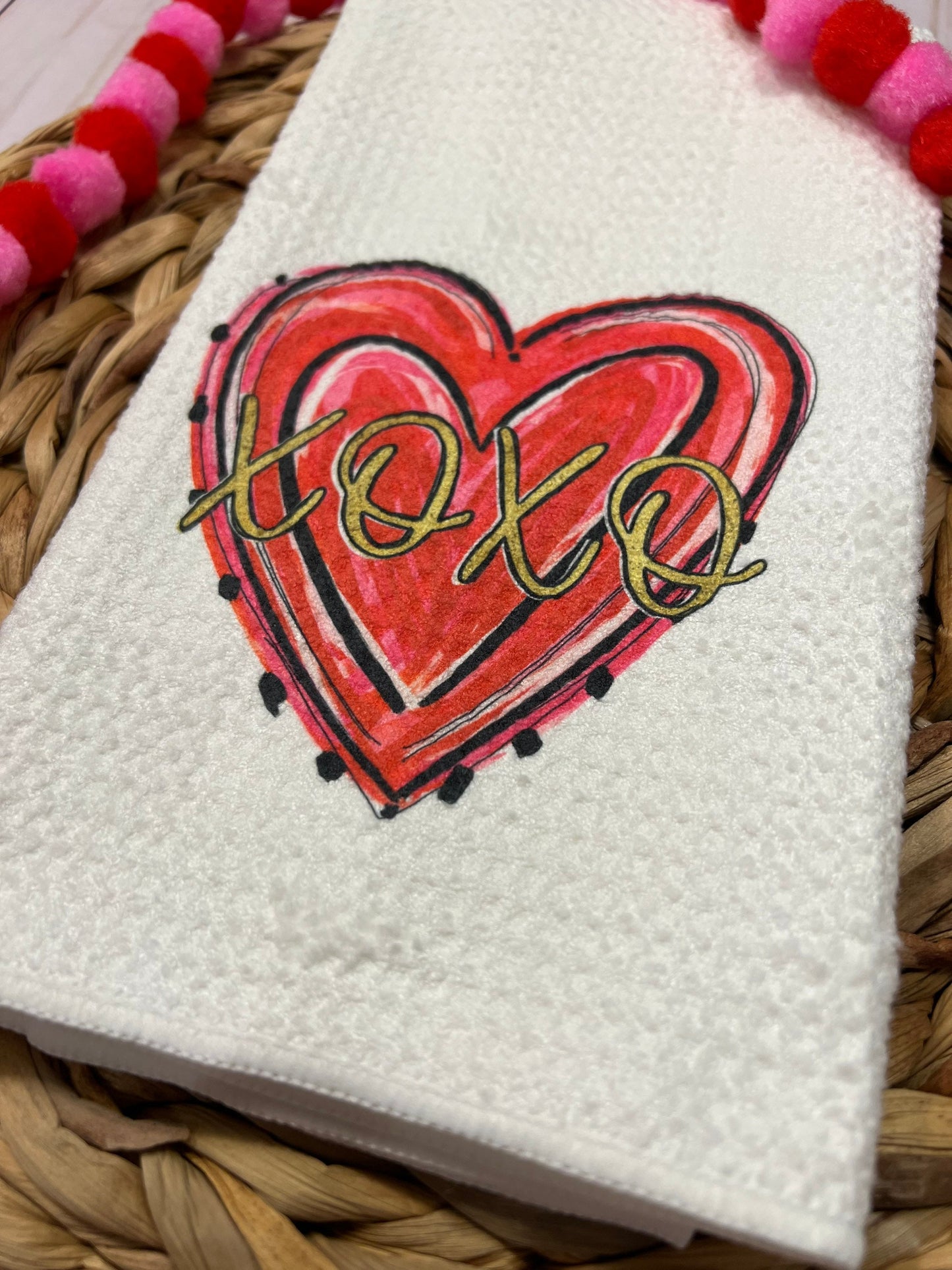 Whimsical xoxo heart valentines kitchen towel