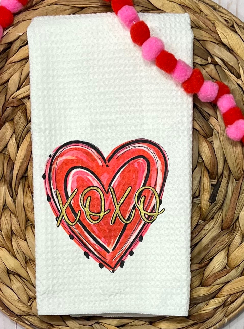 Whimsical xoxo heart valentines kitchen towel