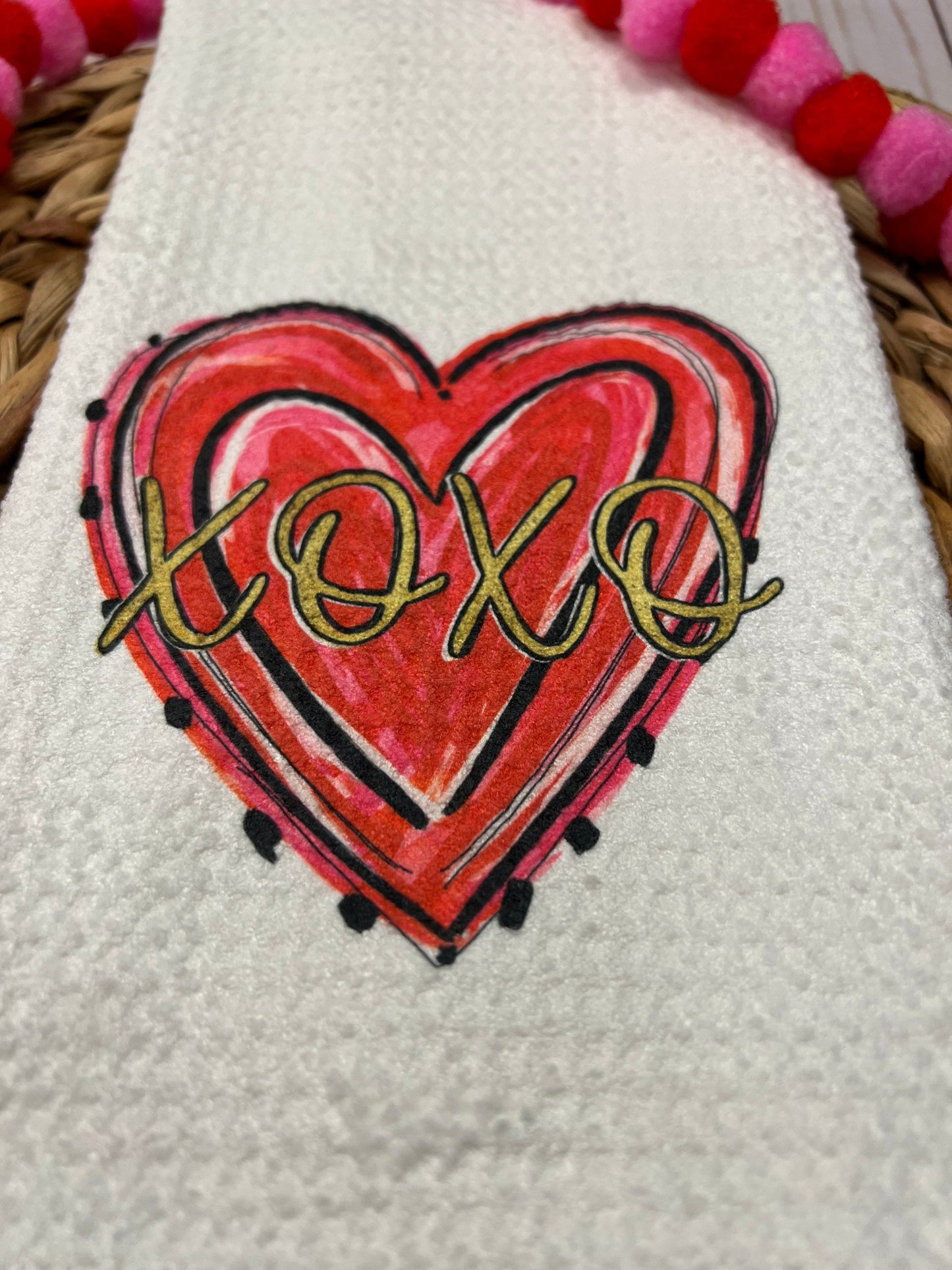 Whimsical xoxo heart valentines kitchen towel