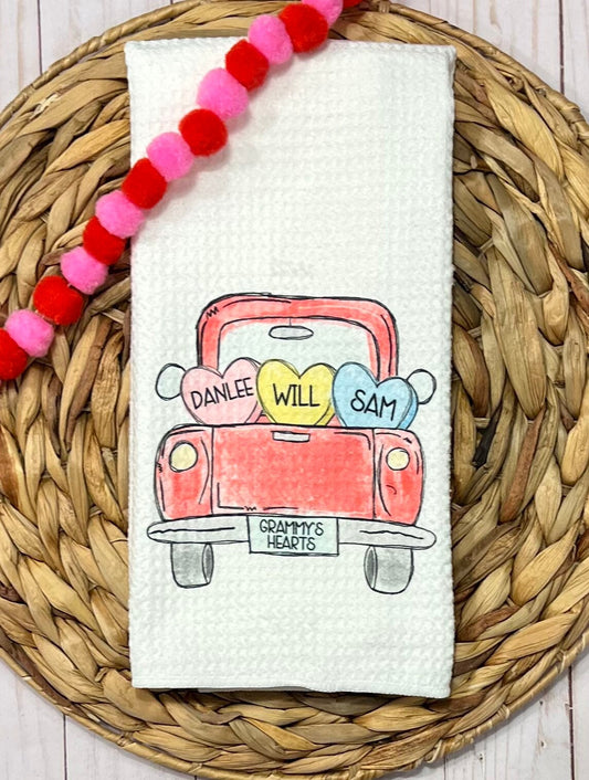 Truck with name hearts kitchen towel