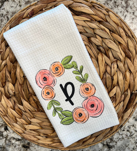 Personalized floral frame kitchen towel