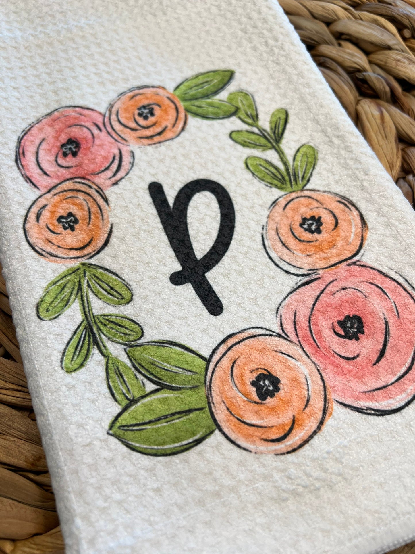 Personalized floral frame kitchen towel