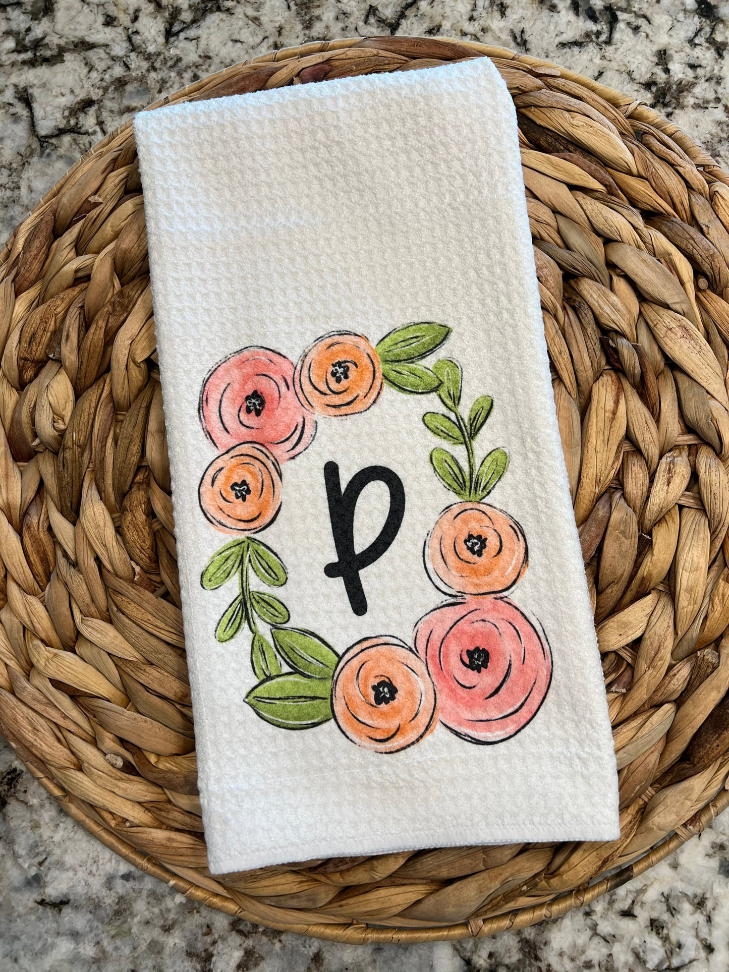 Personalized floral frame kitchen towel