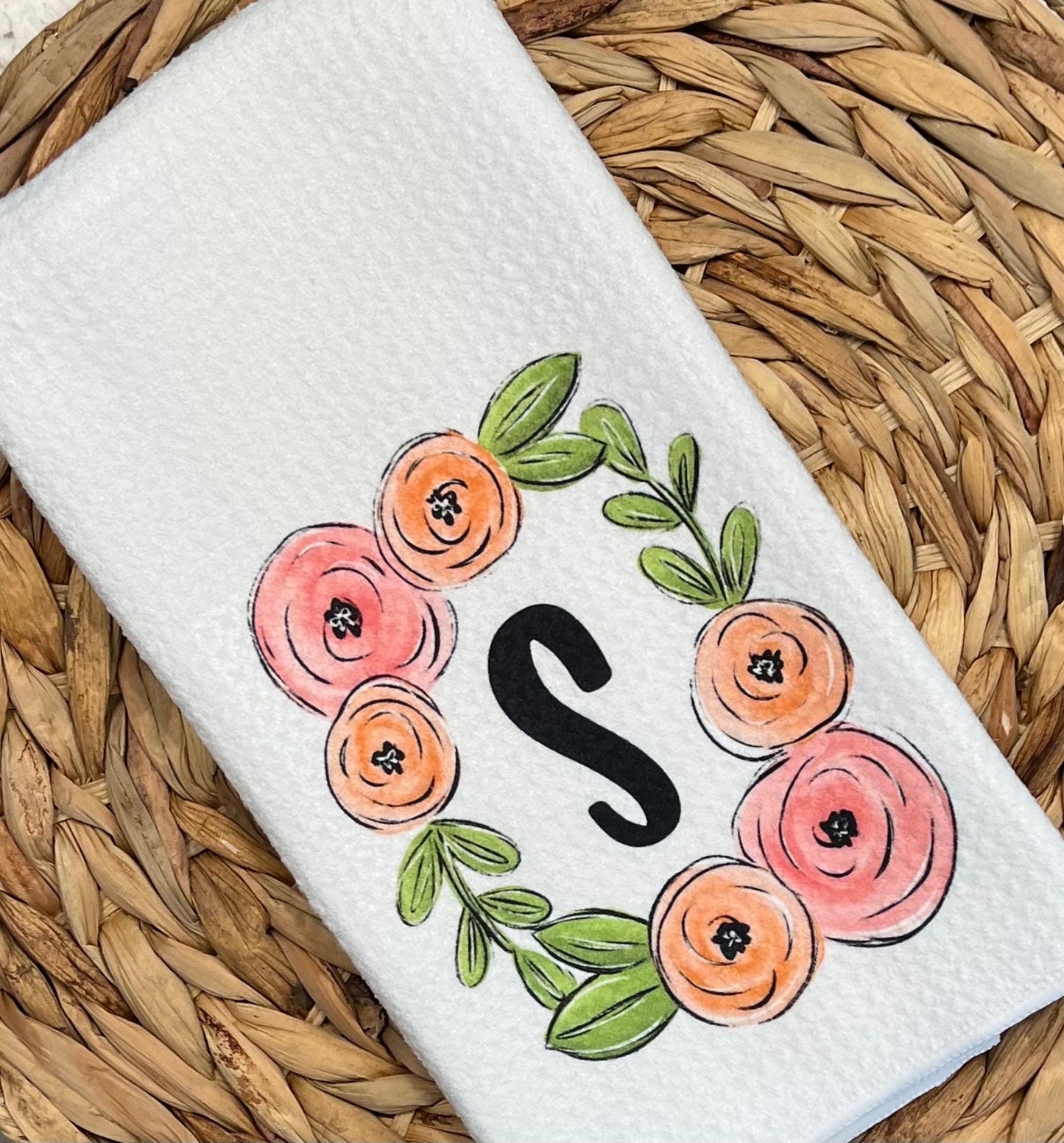 Personalized floral frame kitchen towel