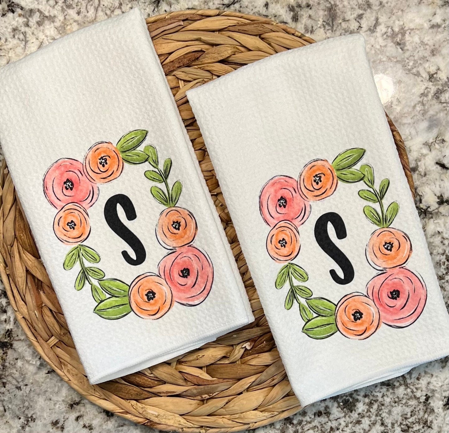 Personalized floral frame kitchen towel