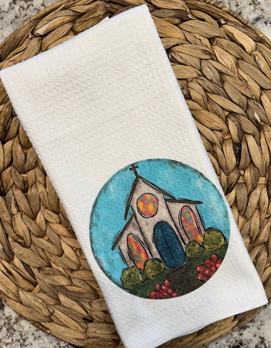 Watercolor church kitchen towel